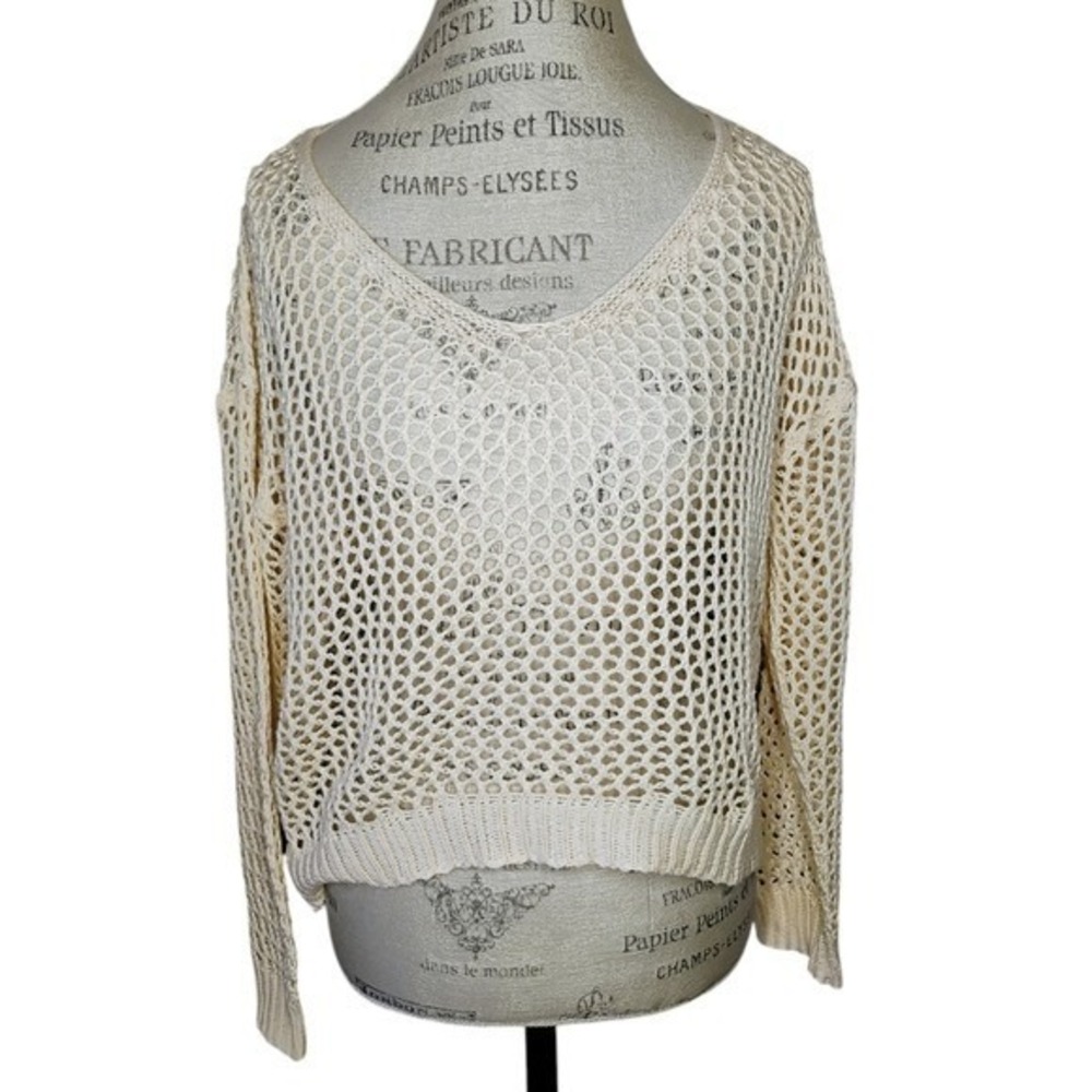 Open Knit Long Sleeve Sweater Cream Size Large Coastal Fisherman Boho Crochet